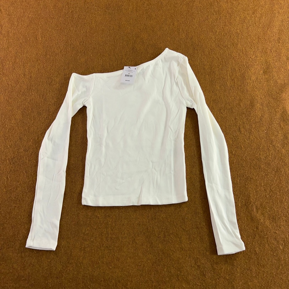 Cotton On Womens XS White Essential Rib Asymmetric Long Sleeve Top NWT